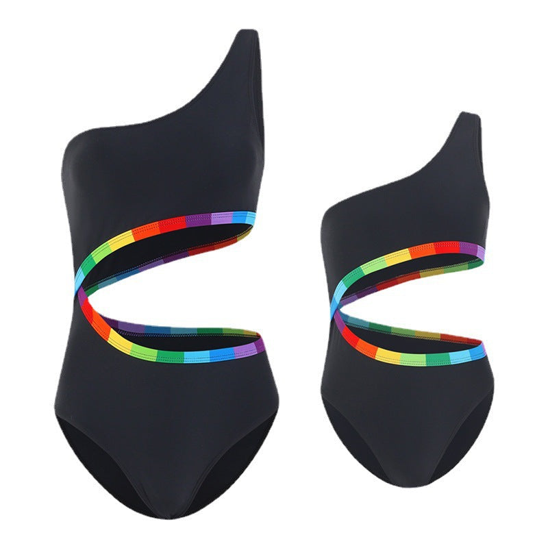 Damen Einseitiger Triangel-Bikini mit buntem Akzentband R&B
