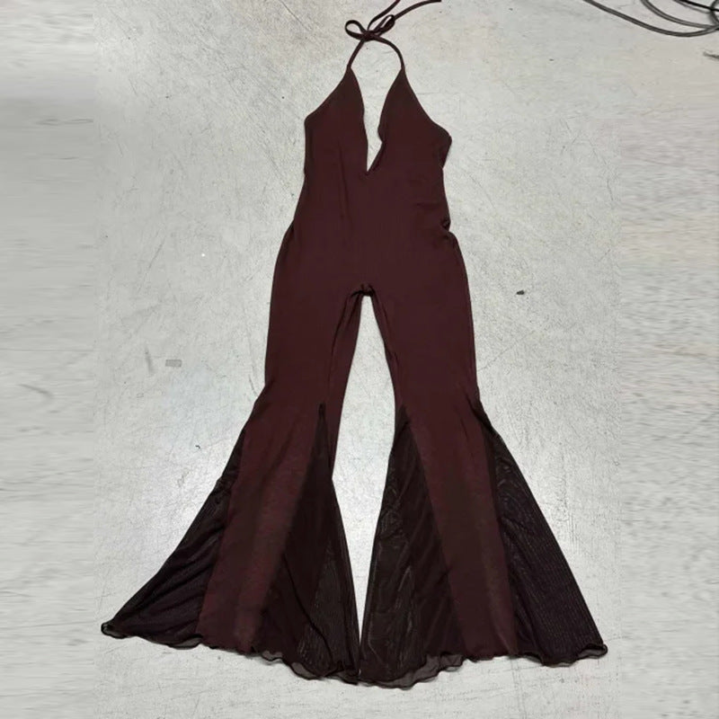 Damen Flared Jumpsuit mit tiefem V-Ausschnitt und transparenten Rüschen R&B