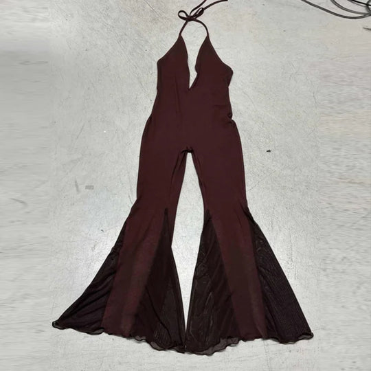 Damen Flared Jumpsuit mit tiefem V-Ausschnitt und transparenten Rüschen R&B