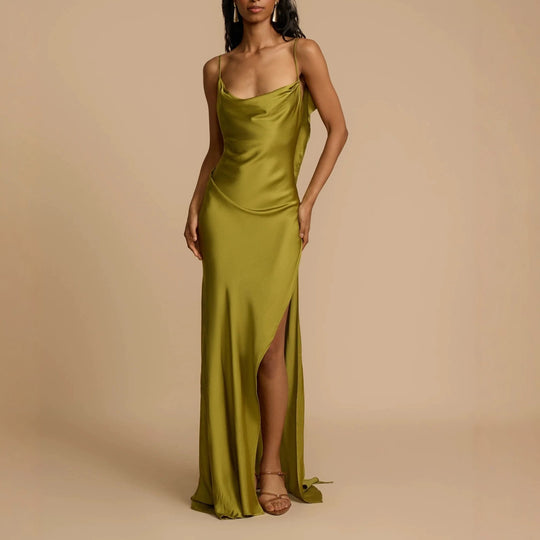 Damen Elegantes Maxikleid mit tiefem Ausschnitt und seitlichem Schlitz R&B