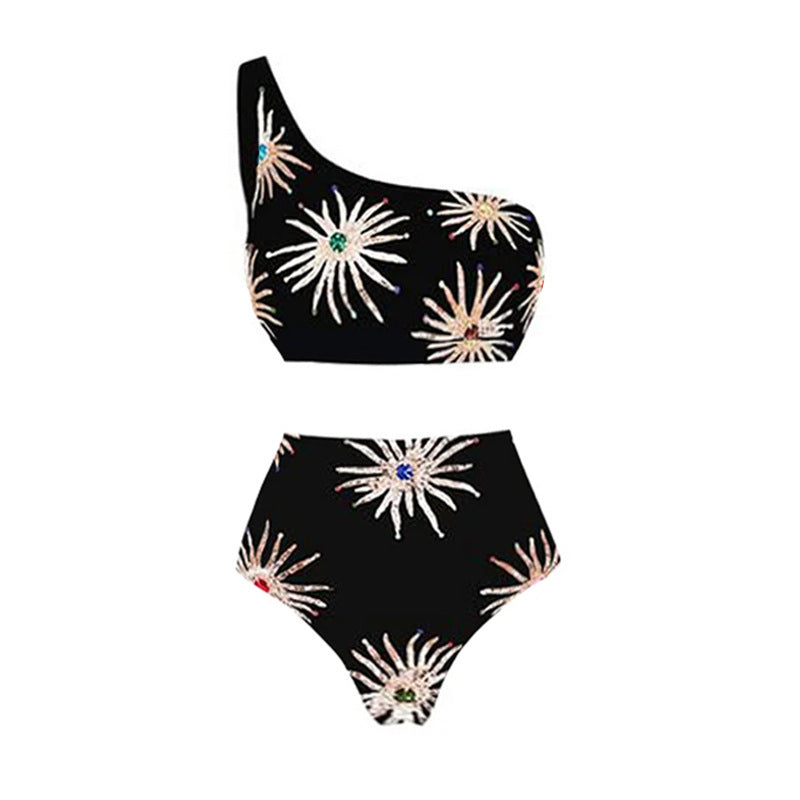 Damen Elegantes asymmetrisches Bikini-Set mit funkelndem Blumendesign R&B