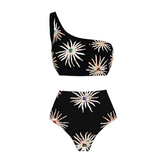 Damen Elegantes asymmetrisches Bikini-Set mit funkelndem Blumendesign R&B