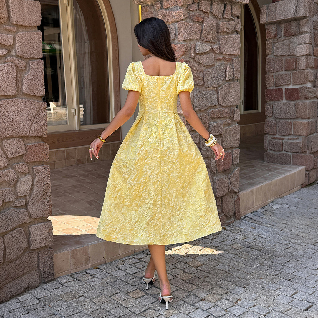 Damen Midi-Kleid mit Puffärmeln und detailliertem Strukturdesign R&B