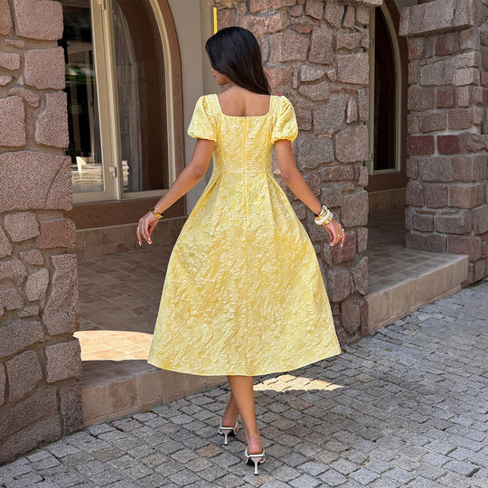 Damen Midi-Kleid mit Puffärmeln und detailliertem Strukturdesign R&B