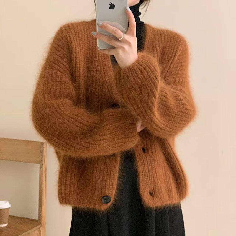 Damen Kuscheliger Strickcardigan mit großen Knöpfen R&B