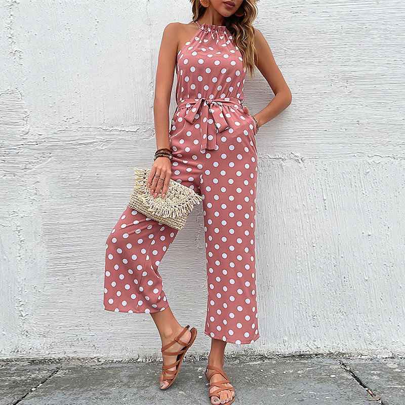 Damen eleganter Jumpsuit mit verstellbarem Bindegürtel und modischem Punkte-Design R&B