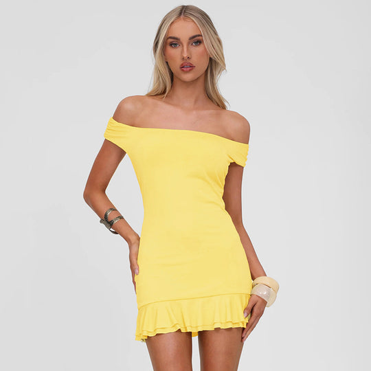 Damen Figurumspielendes Mini-Kleid mit schulterfreiem Design und raffinierten Rüschendetails R&B