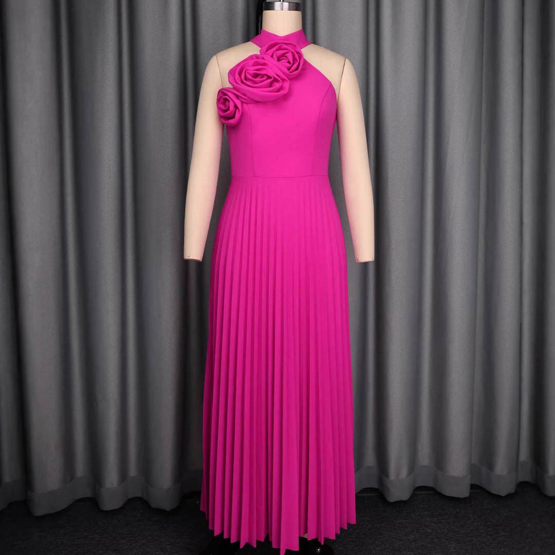 Damen Elegantes Plissiertes Maxikleid mit dekorativen Rosen R&B