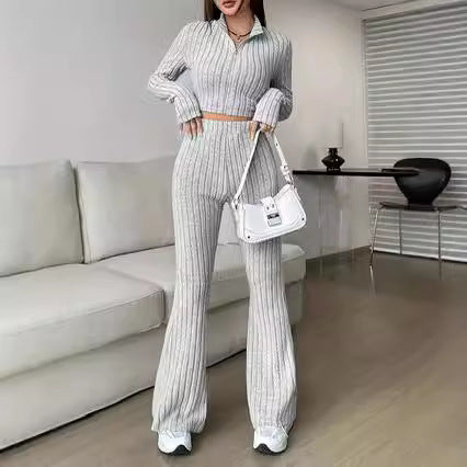 Damen Crop-Pullover und Flared Pants Set R&B