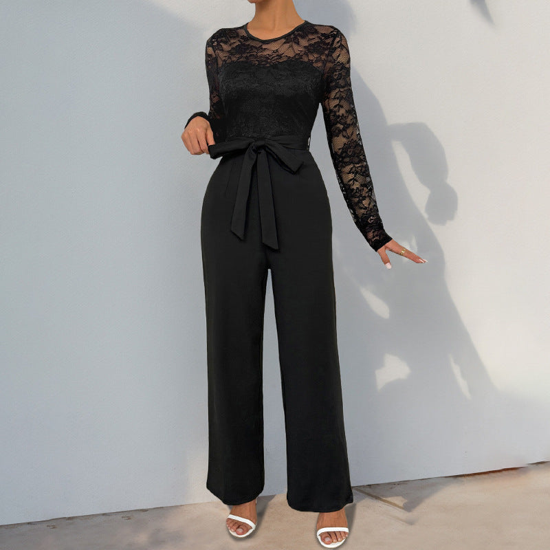 Damen Eleganter Jumpsuit mit Spitzenoberteil und tailliertem Bund R&B