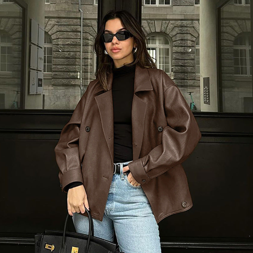 Damen Modische Oversized-Bomberjacke aus Kunstleder mit Knopfdetails R&B