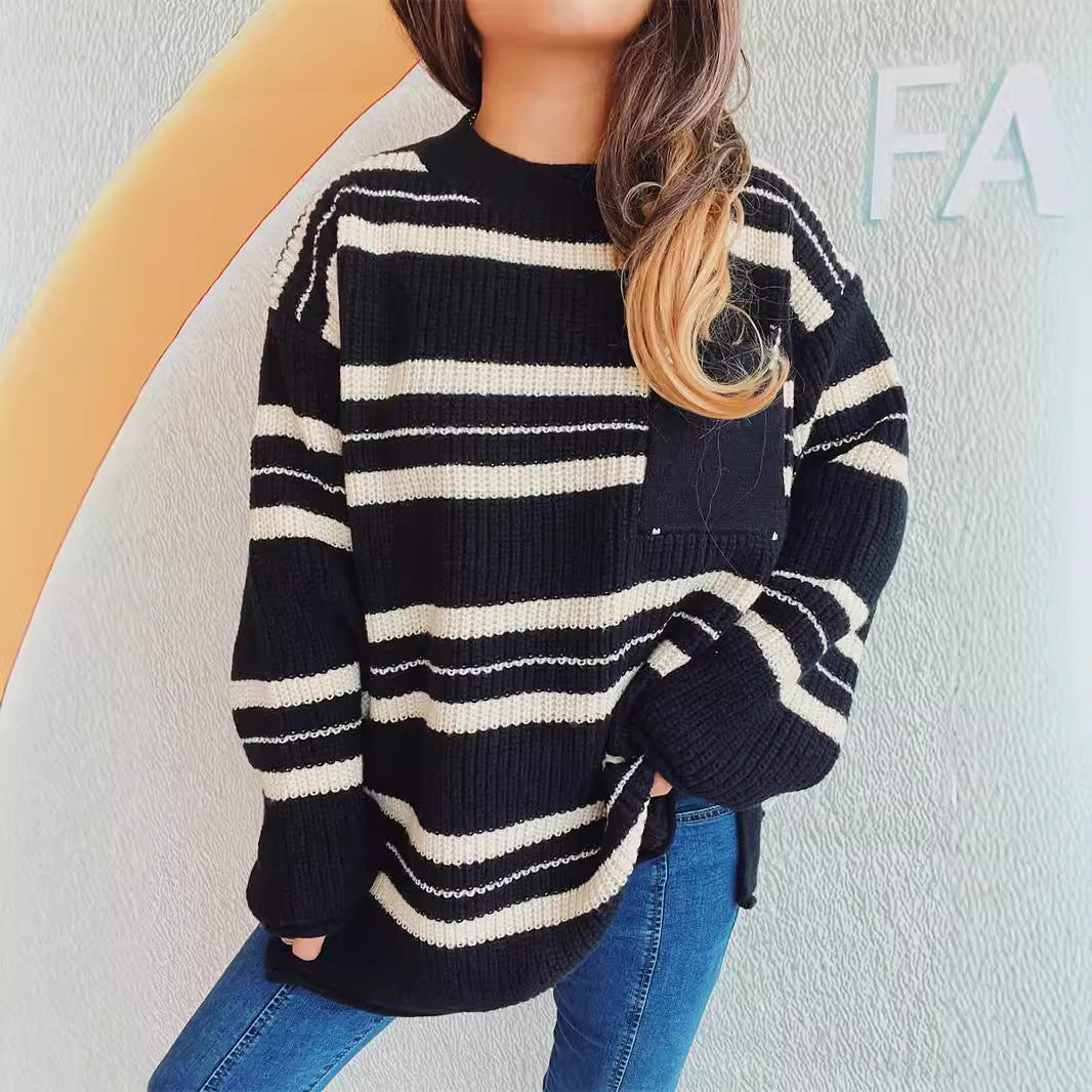 Damen lässiger Strickpullover mit modernem Streifenmuster R&B