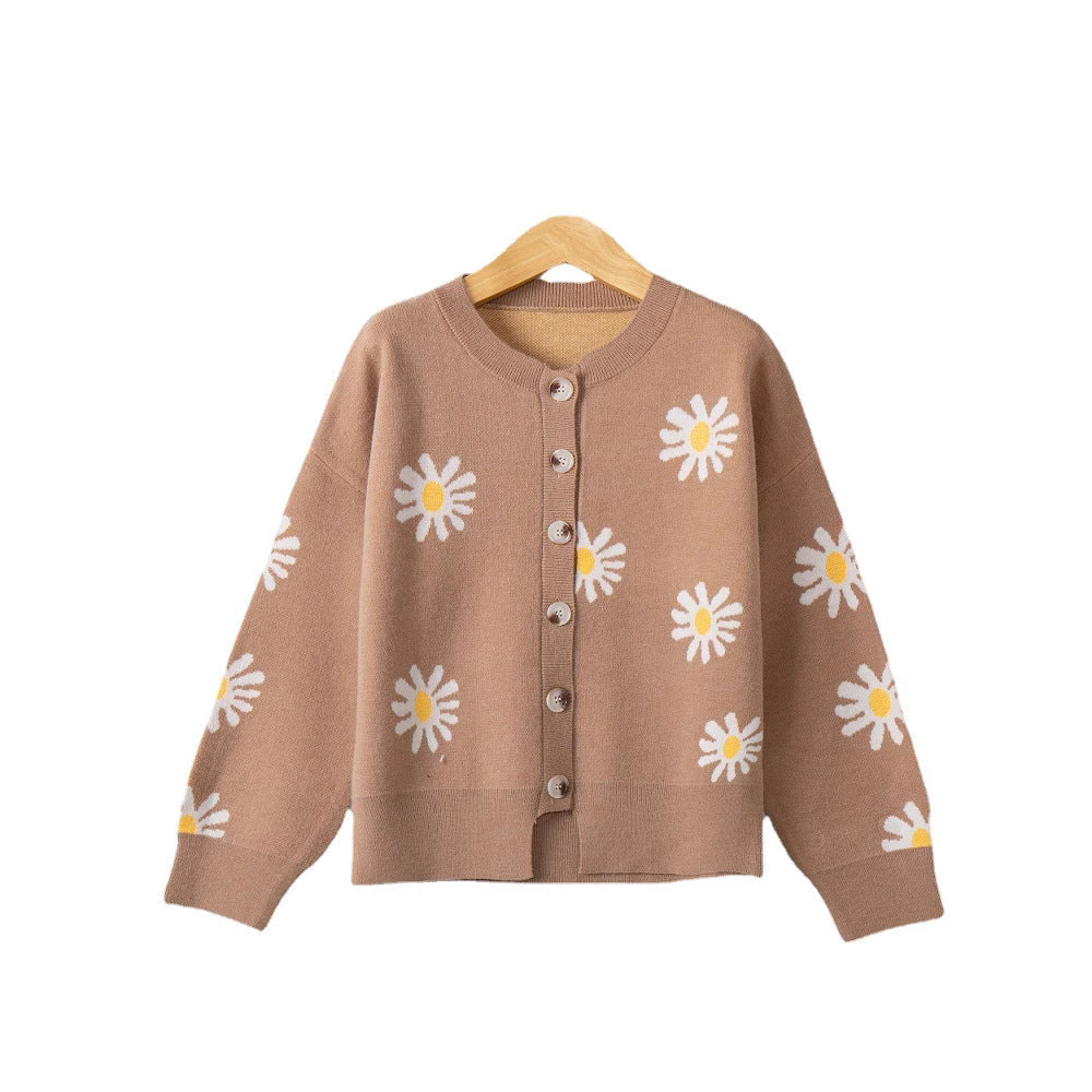 Damen modische Strickjacke mit floralem Muster und kurzen Ärmeln