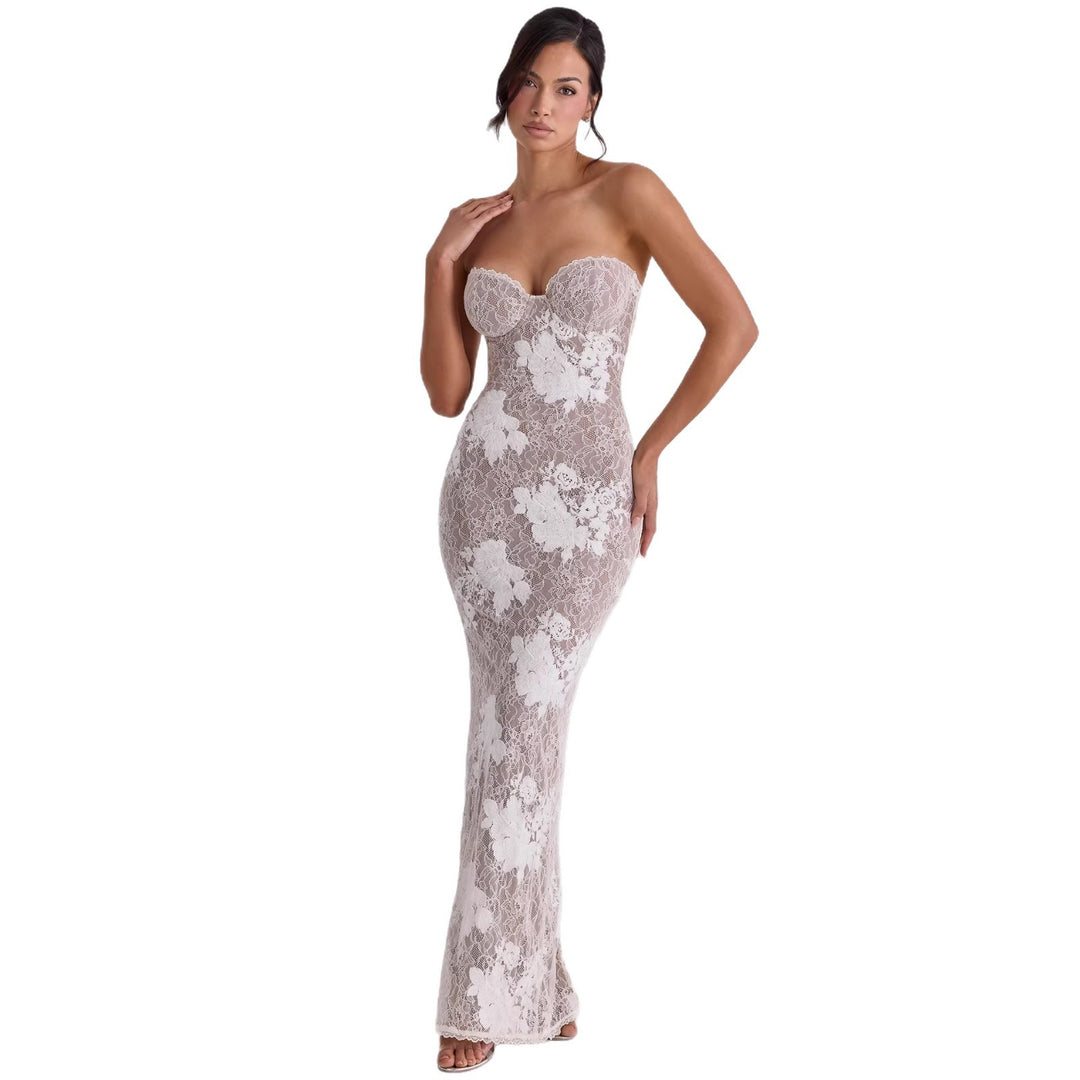 Damen Elegantes Spitzenabendkleid mit langem Arm und verführerischem Schnitt R&B