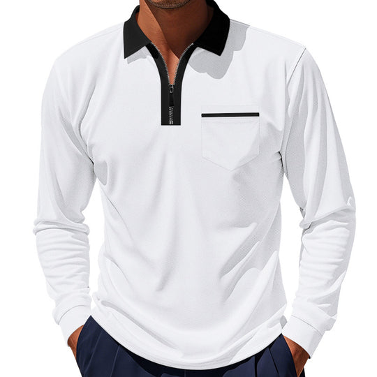 Herren Modisches Langarm-Polohemd mit Reißverschluss und Brusttasche R&B