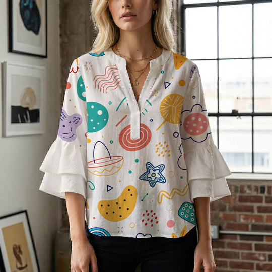 Damen Bluse mit voluminösen Rüschenärmeln und floralem Muster R&B