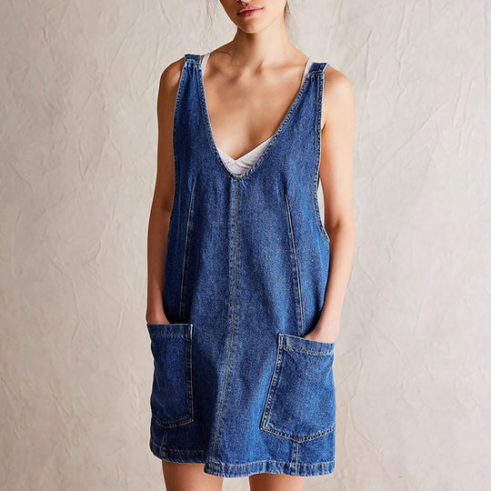 Damen lässiges Freizeitleinenkleid mit tiefem Ausschnitt und großen Taschen R&B