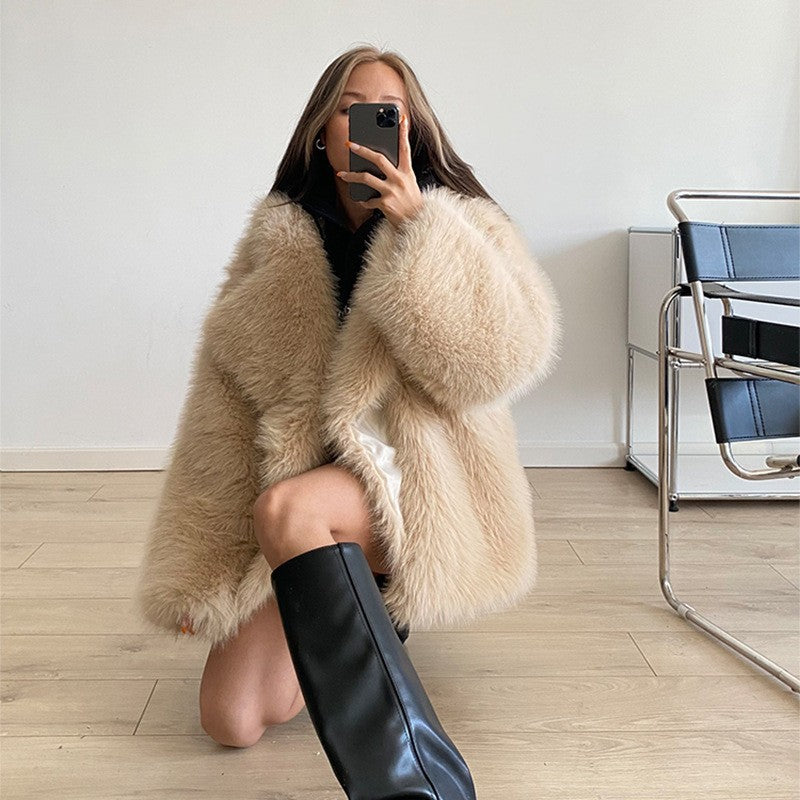 Damen luxuriöser Over-sized Kunstfellmantel R&B
