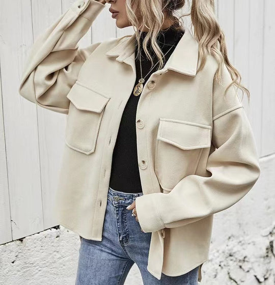 Damen Modische Oversized-Jacke mit Taschen und Knopfverschluss R&B