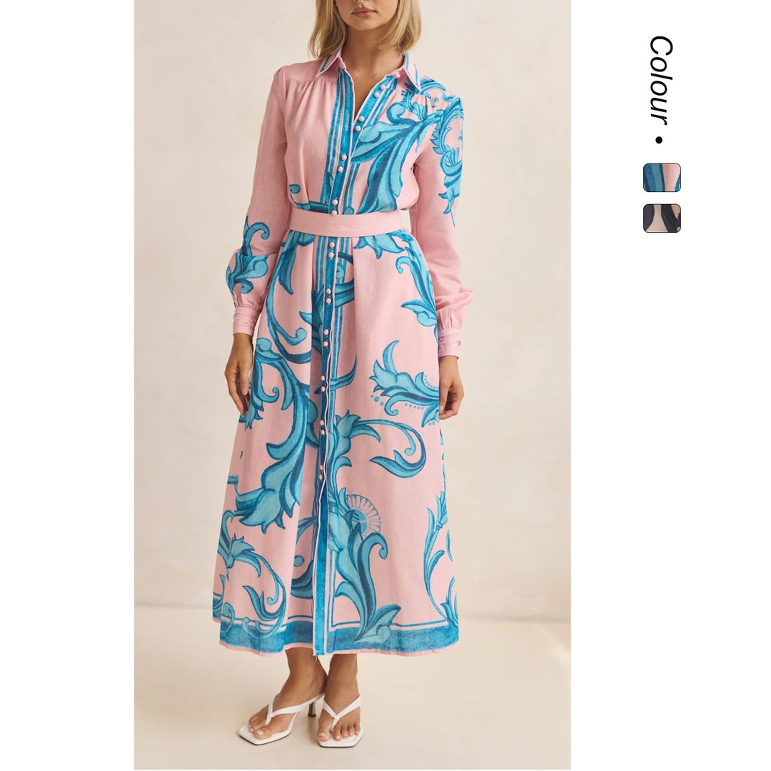 Damen Langarmhemdkleid mit floralen Akzenten und Taillengürtel R&B