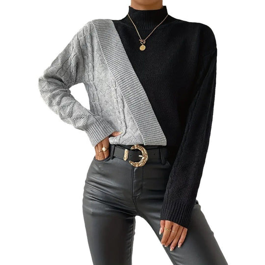 Damen modischer Strickpullover mit asymmetrischem Zopfdesign und hohen Kragen R&B
