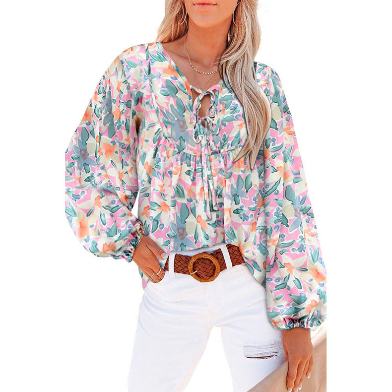 Damen Lockere Bluse mit floralem Muster und voluminösen Ärmeln R&B