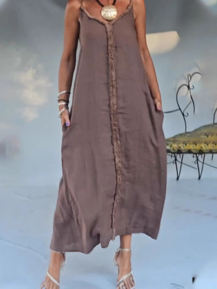 Damen Maxikleid mit feinen Fransen und praktischen Seitentaschen Heidi-Mode