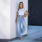 Damen Weite High-Waist Jeans mit elastischem Bund