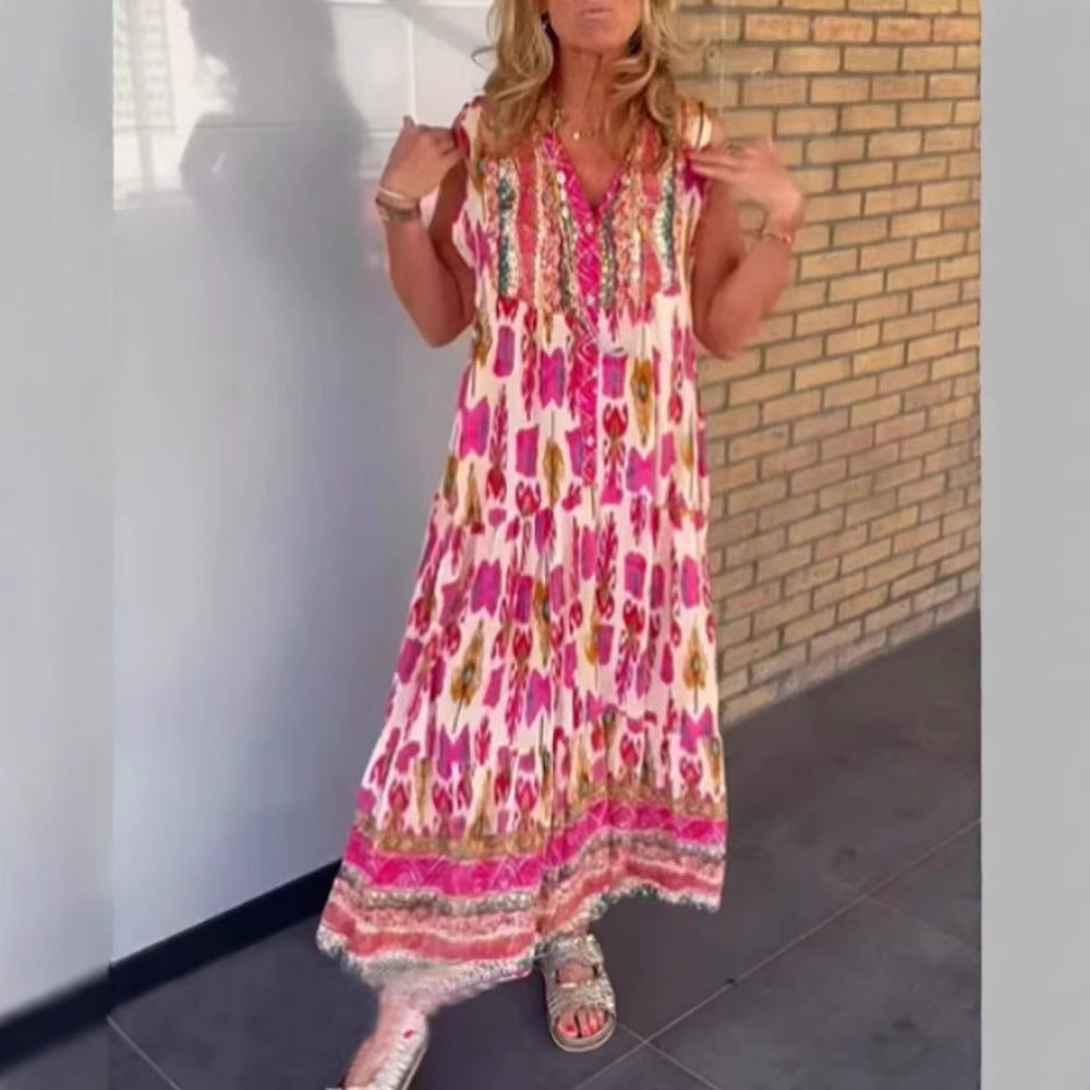 Damen nan fließendes Maxikleid im Boho-Stil mit V-Ausschnitt, Stufenrock und bestickter Passe R&B