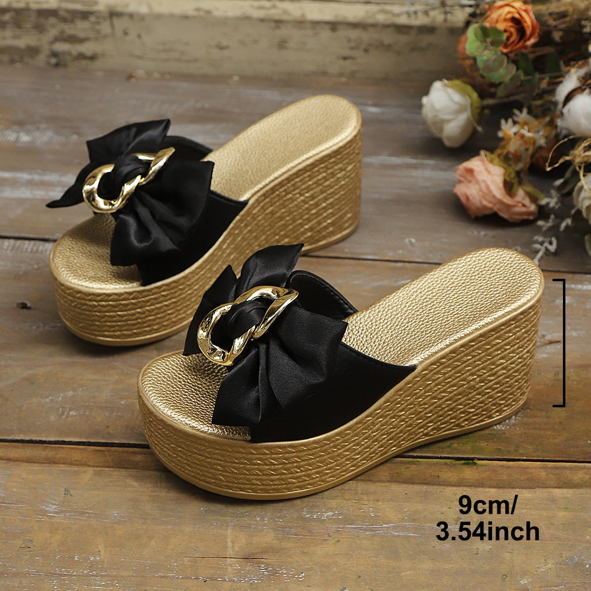 Damen Wedge-Pantoletten mit Glamourösen Schleifen und Goldakzenten