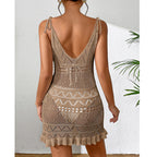 Damen Häkel-Strandkleid mit verstellbaren Trägern und Rüschensaum R&B