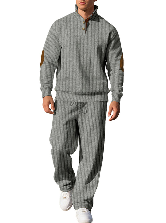Herren nan feiner Rippstrickpullover mit halber Knopfleiste hohem Stehkragen und kontrastierendem Suedine-Ellbogenbesatz R&B