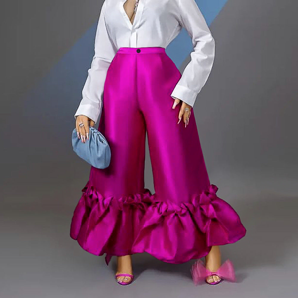 Damen Weite Satinhose mit Rüschenabschluss R&B