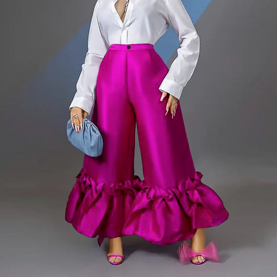 Damen Weite Satinhose mit Rüschenabschluss R&B