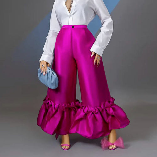 Damen Weite Satinhose mit Rüschenabschluss R&B
