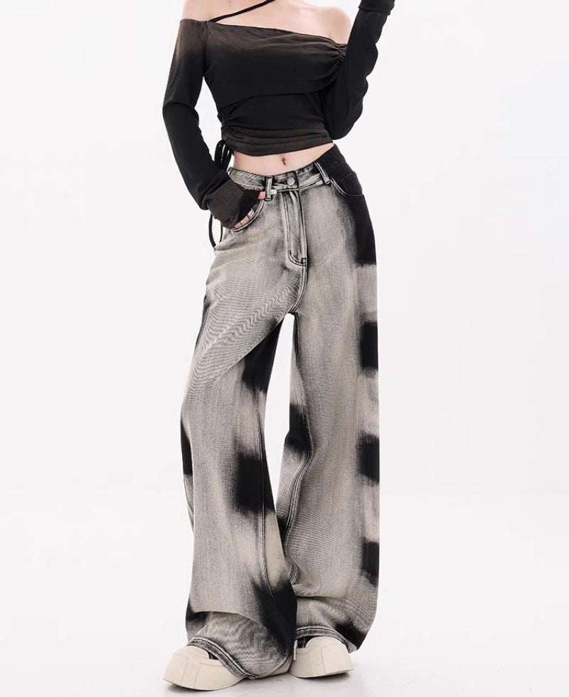 Damen Weite Designer-Jeans mit kreativen Batikmustern R&B