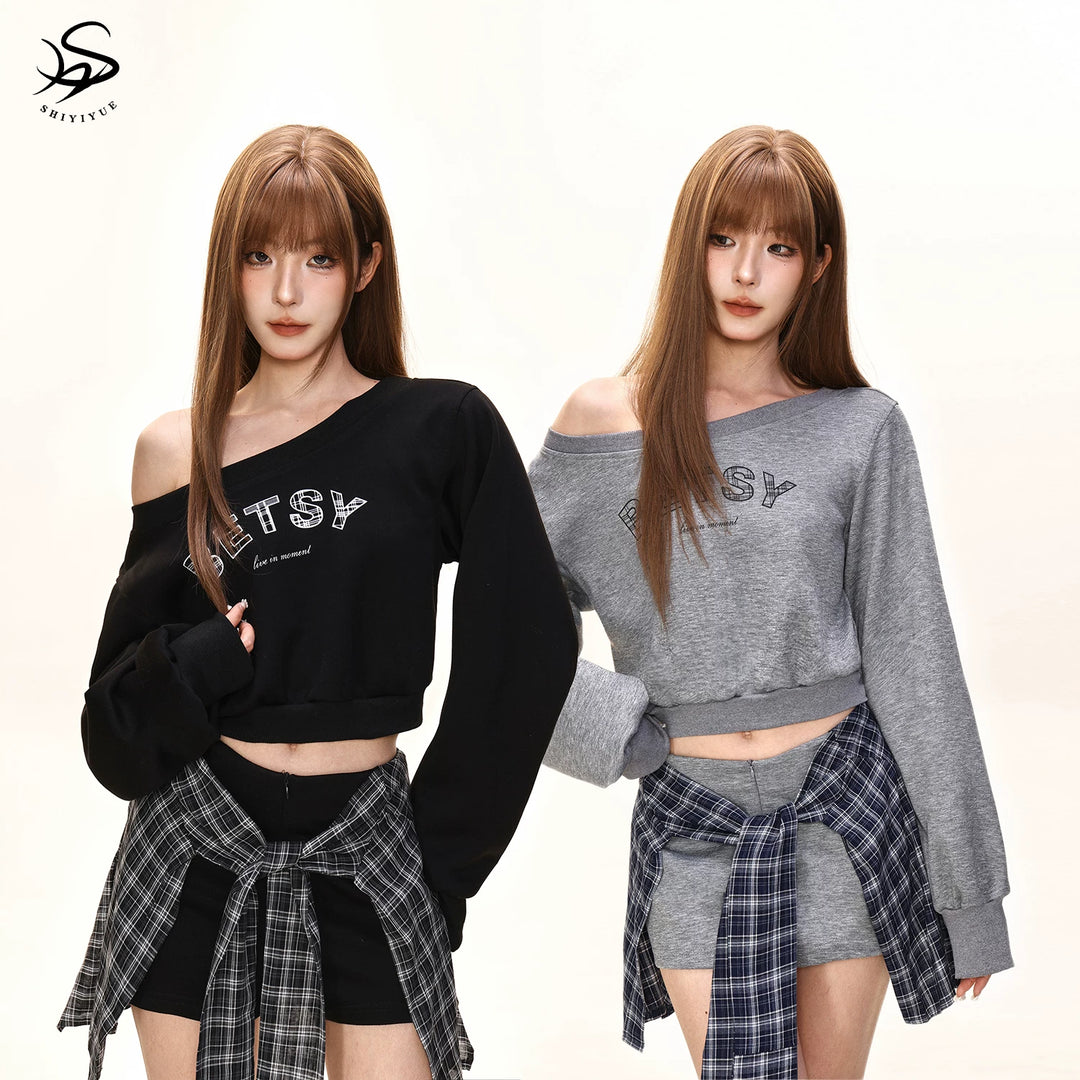 Damen nan einseitig offenes Cropped-French-Terry-Pullover mit voluminösen Ärmeln und Rippbund R&B