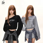 Damen nan einseitig offenes Cropped-French-Terry-Pullover mit voluminösen Ärmeln und Rippbund R&B