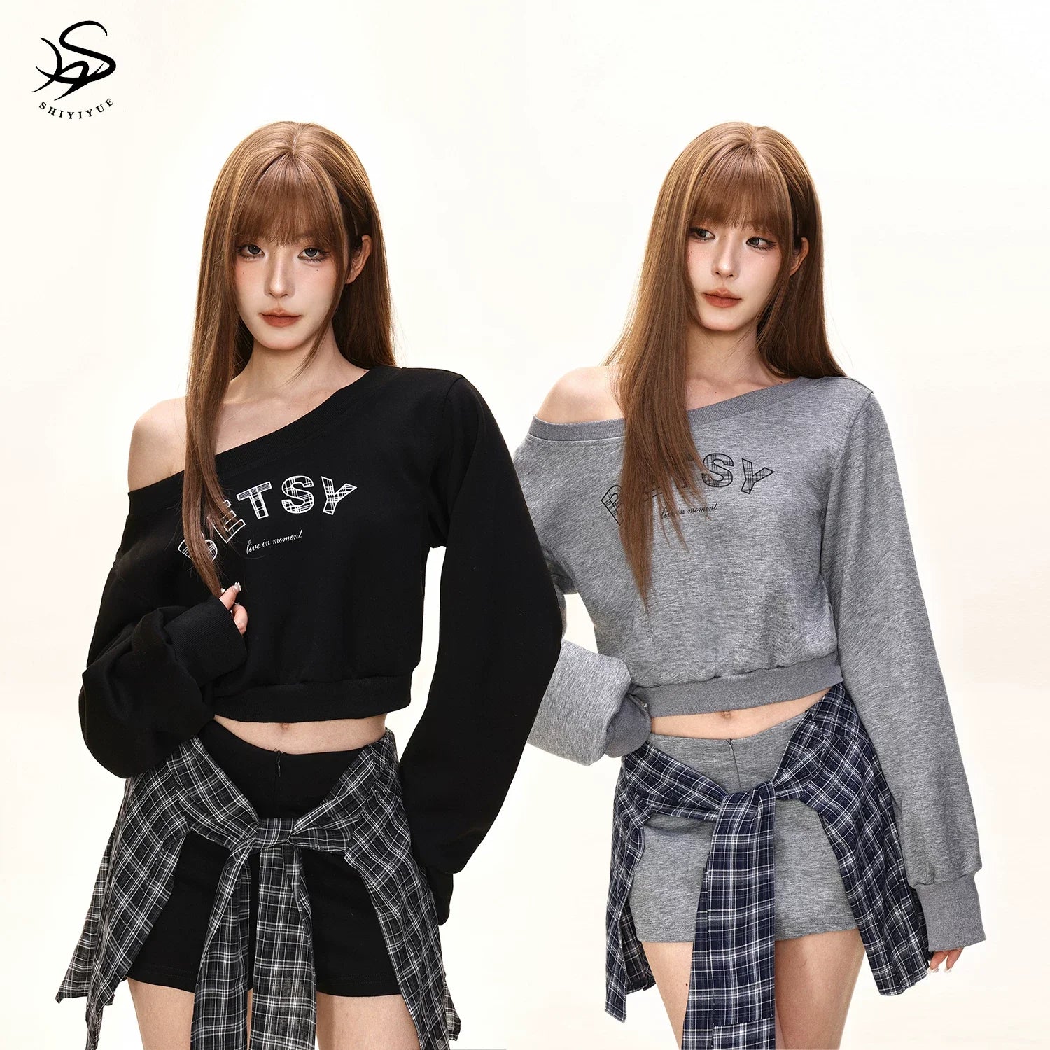 Damen nan einseitig offenes Cropped-French-Terry-Pullover mit voluminösen Ärmeln und Rippbund R&B