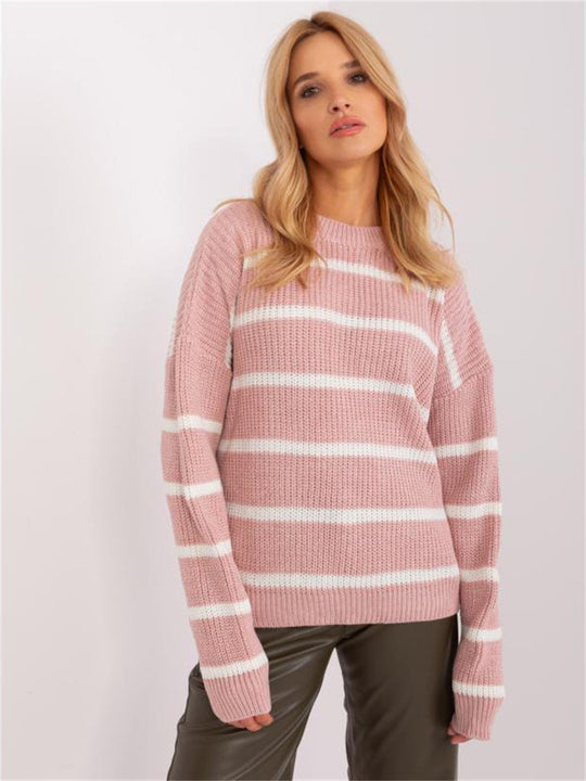Damen lässiger Strickpullover mit modernem Streifenmuster und weitem Schnitt R&B
