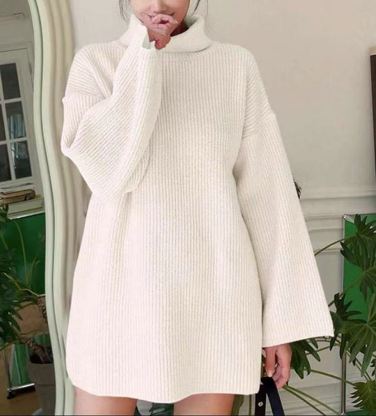 Damen Langer Strickpullover mit hohem Kragen und weit ausgestellten Ärmeln R&B