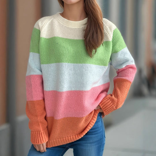 Damen lässiger Strickpullover mit bunten Blockstreifen und weitem Schnitt R&B