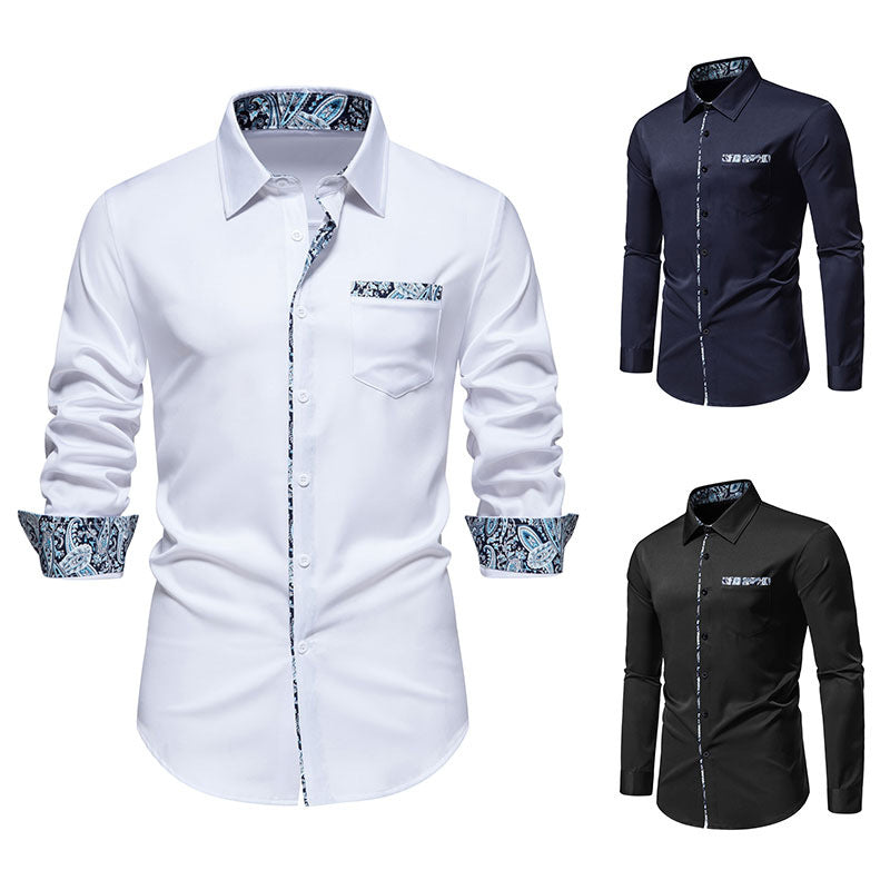 Herren nan elegantes schmal geschnittenes Hemd mit Paisley-Kontrastbesatz an Kragenleiste Manschetten und Brusttasche R&B