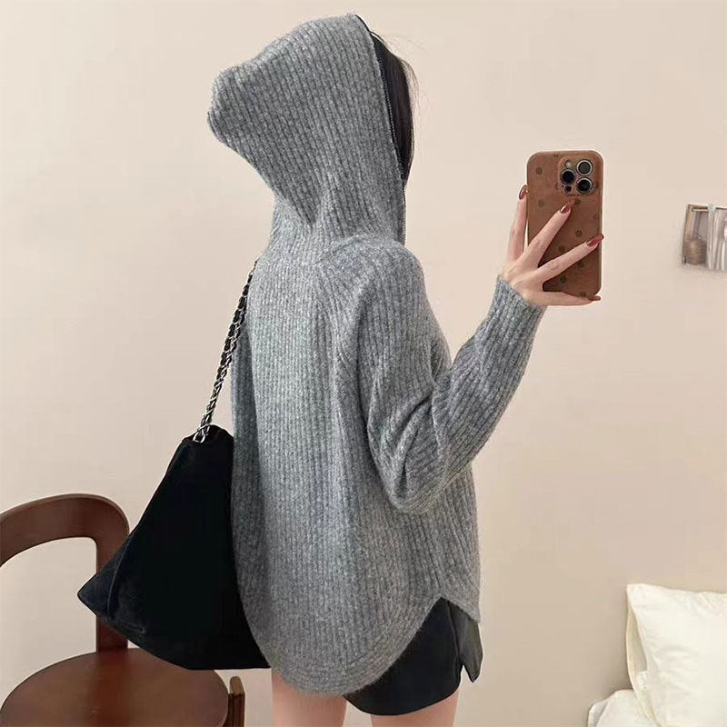 Damen lässiger Strickpullover mit hochgezogenem Kragen und Reißverschluss R&B
