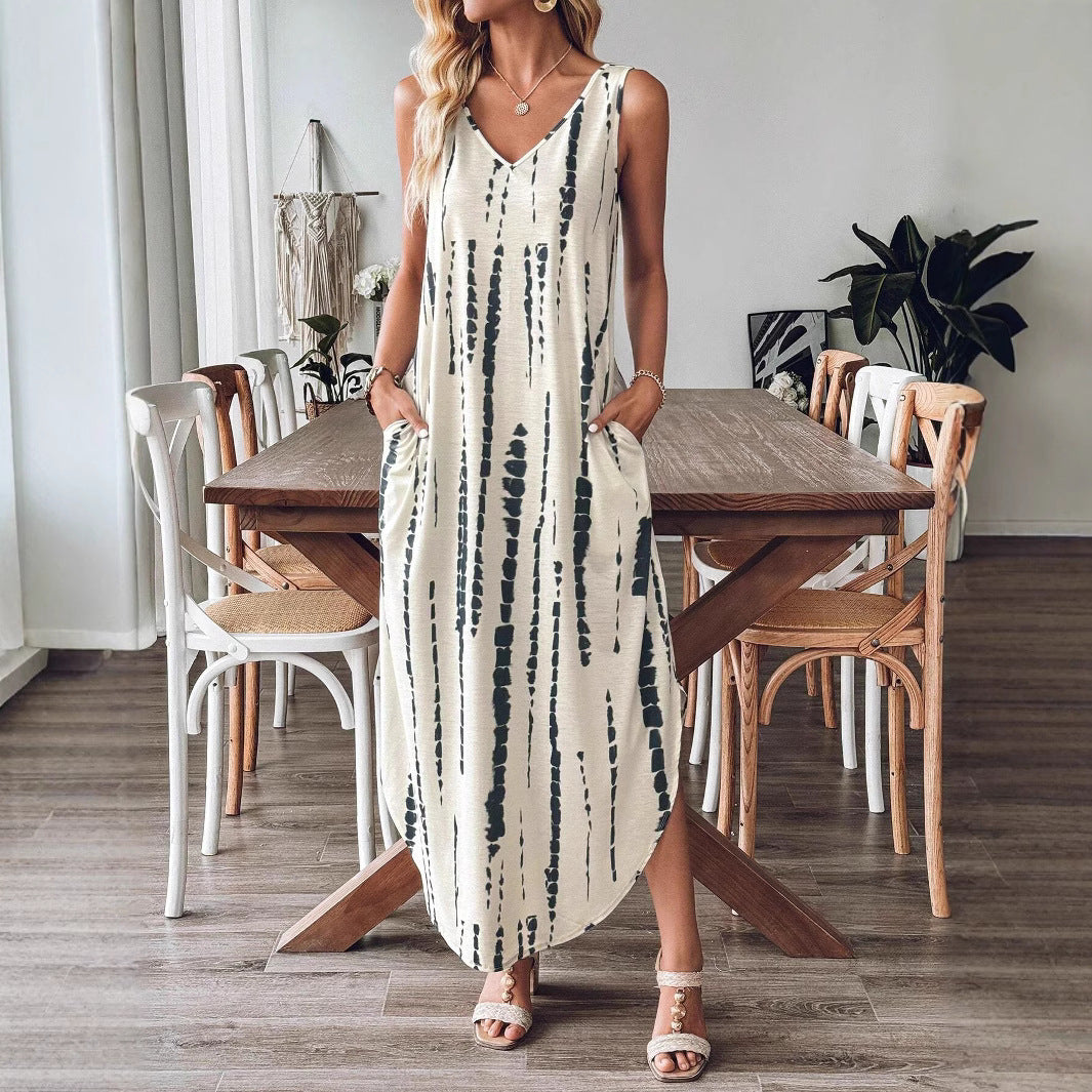 Damen Maxikleid mit feinem V-Ausschnitt und gestreiftem Design R&B