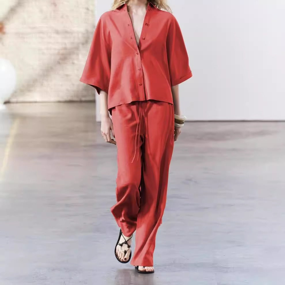 Damen elegantes Blusen und Hose Ensemble aus atmungsaktivem Stoff R&B