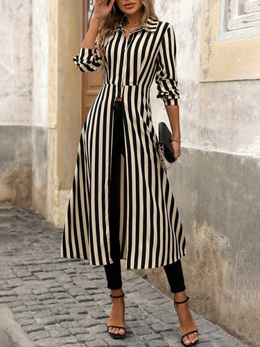 Damen gestreiftes Maxikleid mit Taillengürtel R&B