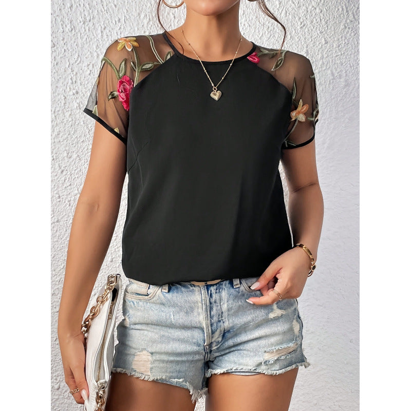 Damen Bluse mit transparenten Spitzenärmeln und floralen Details R&B