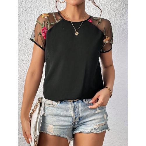 Damen Bluse mit transparenten Spitzenärmeln und floralen Details R&B