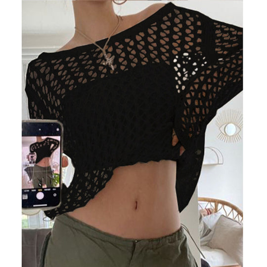 Damen luftiges Häkeloberteil mit weitem Schnitt und transparentem Design R&B